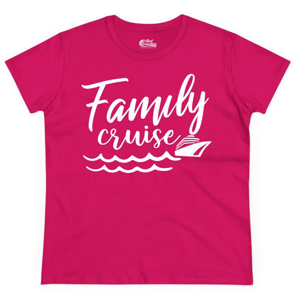 Family Cruise Shirt - Nautical Cruise Vacation Shirt for Families (Ladies Tee) in Heliconia - Family Cruise Shirt - Nautical Script Font With Waves And Ship Graphic