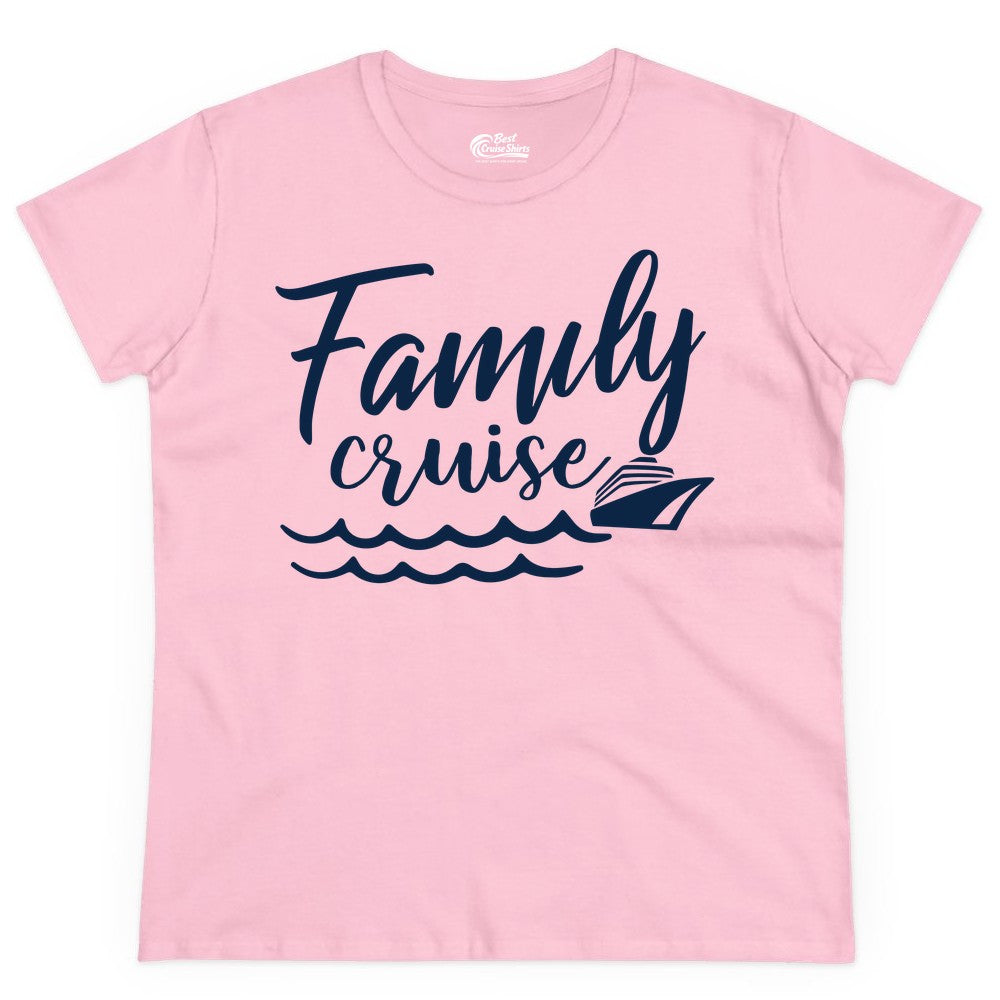 Family Cruise Shirt - Nautical Cruise Vacation Shirt for Families (Ladies Tee) in Light Pink - Family Cruise Shirt - Nautical Script Font With Waves And Ship Graphic