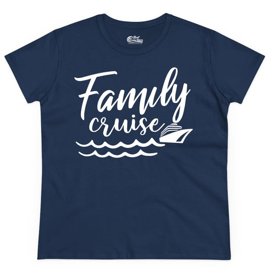 Family Cruise Shirt - Nautical Cruise Vacation Shirt for Families (Ladies Tee) in Navy - Family Cruise Shirt - Nautical Script Font With Waves And Ship Graphic