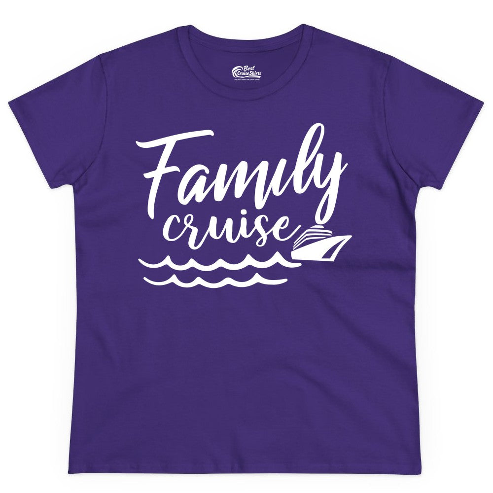 Family Cruise Shirt - Nautical Cruise Vacation Shirt for Families (Ladies Tee) in Purple - Family Cruise Shirt - Nautical Script Font With Waves And Ship Graphic
