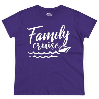 Family Cruise Shirt - Nautical Cruise Vacation Shirt for Families (Ladies Tee) in Purple - Family Cruise Shirt - Nautical Script Font With Waves And Ship Graphic