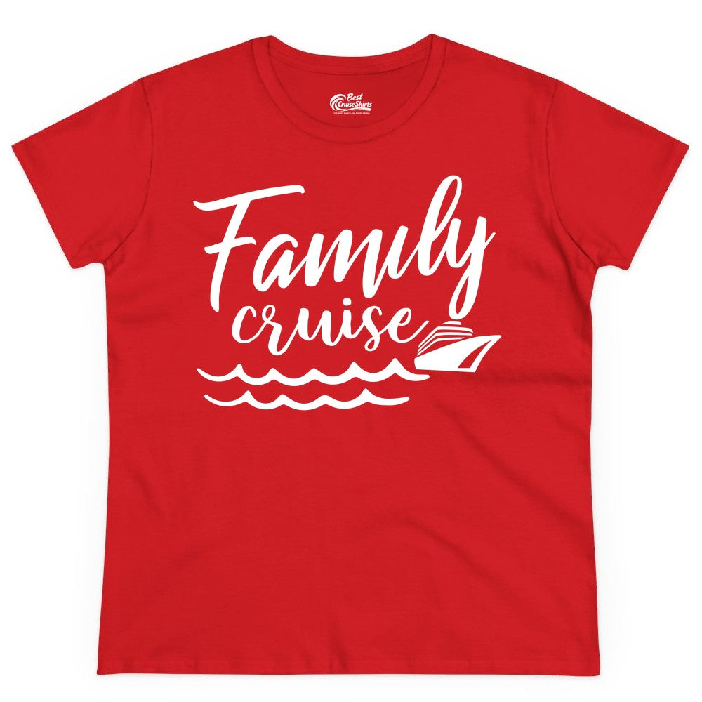 Family Cruise Shirt - Nautical Cruise Vacation Shirt for Families (Ladies Tee) in Red - Family Cruise Shirt - Nautical Script Font With Waves And Ship Graphic
