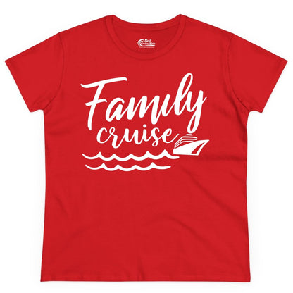 Family Cruise Shirt - Nautical Cruise Vacation Shirt for Families (Ladies Tee) in Red - Family Cruise Shirt - Nautical Script Font With Waves And Ship Graphic
