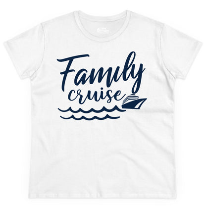 Family Cruise Shirt - Nautical Cruise Vacation Shirt for Families (Ladies Tee) in White - Family Cruise Shirt - Nautical Script Font With Waves And Ship Graphic