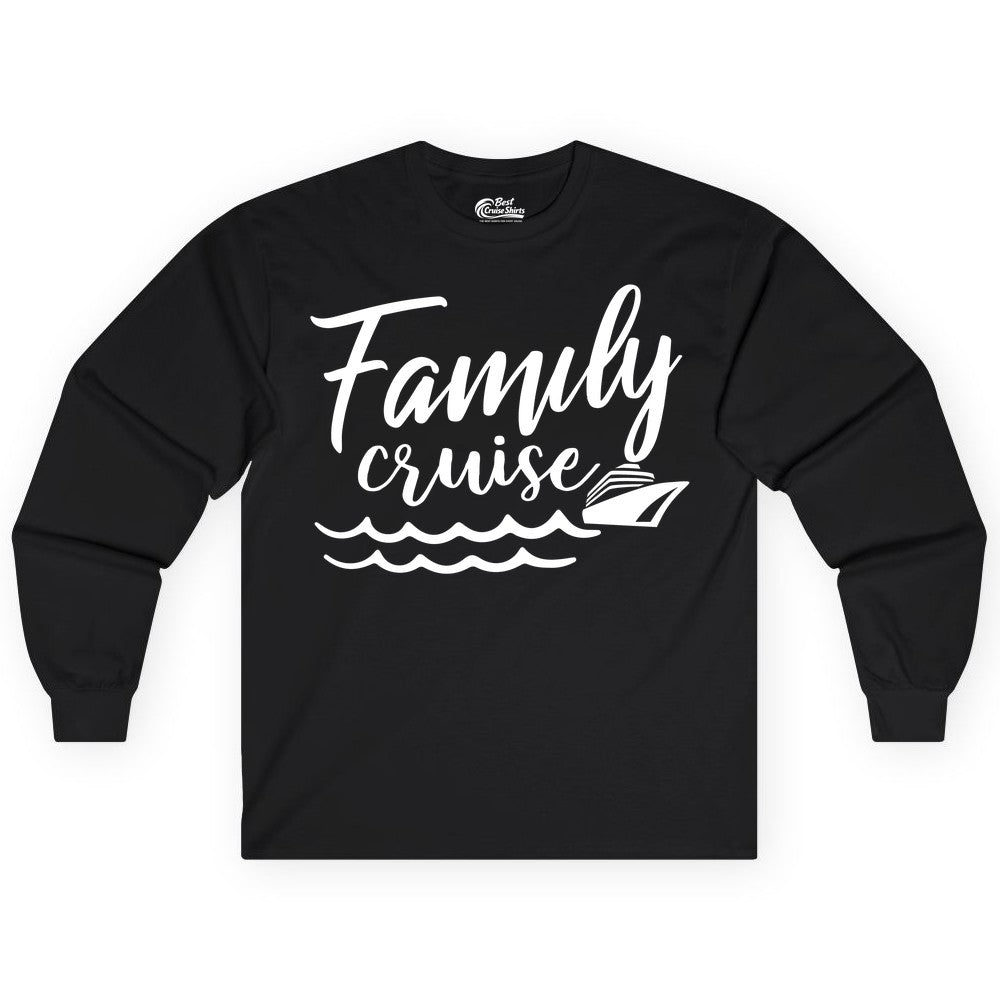 Family Cruise Shirt - Nautical Cruise Vacation Shirt for Families (Long Sleeve) in Black - Family Cruise Shirt - Nautical Script Font With Waves And Ship Graphic
