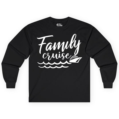 Family Cruise Shirt - Nautical Cruise Vacation Shirt for Families (Long Sleeve) in Black - Family Cruise Shirt - Nautical Script Font With Waves And Ship Graphic