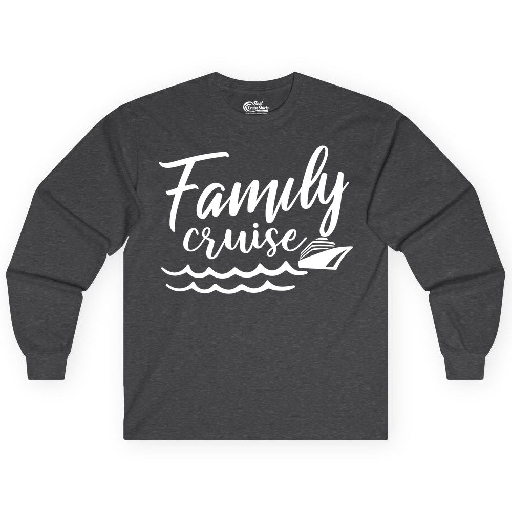 Family Cruise Shirt - Nautical Cruise Vacation Shirt for Families (Long Sleeve) in Dark Heather - Family Cruise Shirt - Nautical Script Font With Waves And Ship Graphic