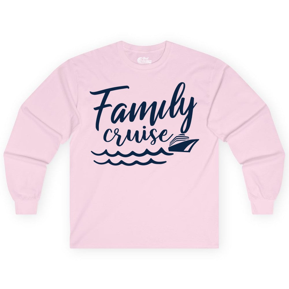 Family Cruise Shirt - Nautical Cruise Vacation Shirt for Families (Long Sleeve) in Light Pink - Family Cruise Shirt - Nautical Script Font With Waves And Ship Graphic