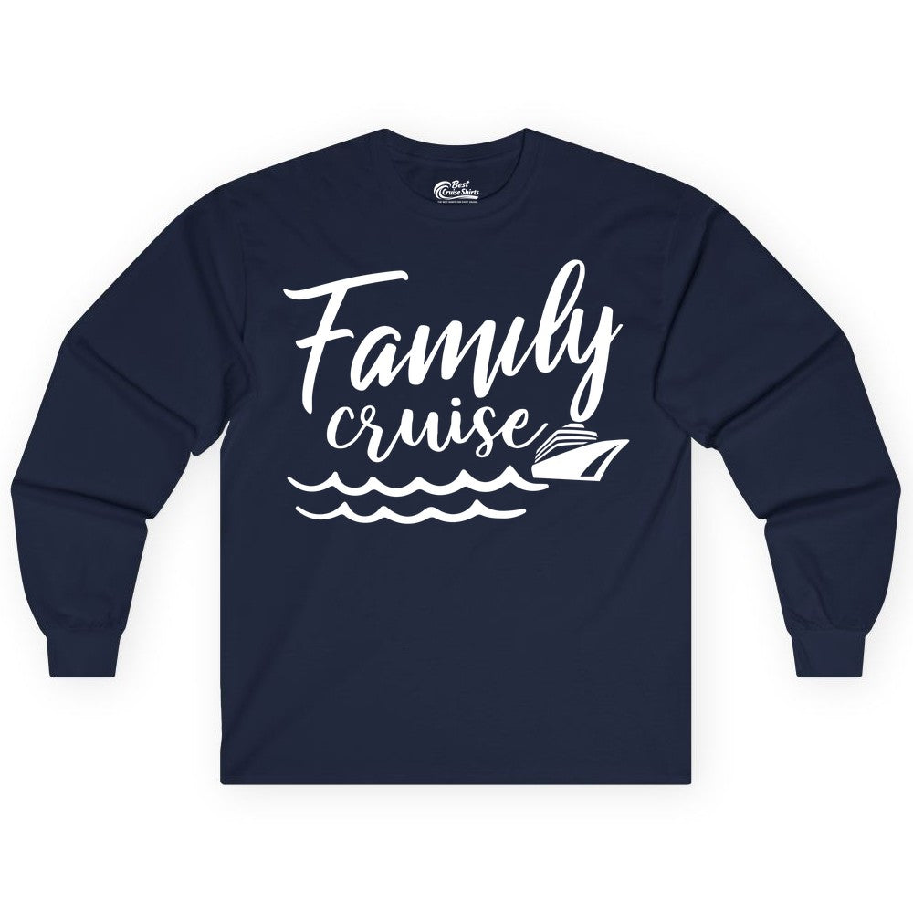 Family Cruise Shirt - Nautical Cruise Vacation Shirt for Families (Long Sleeve) in Navy - Family Cruise Shirt - Nautical Script Font With Waves And Ship Graphic