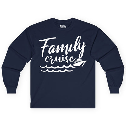 Family Cruise Shirt - Nautical Cruise Vacation Shirt for Families (Long Sleeve) in Navy - Family Cruise Shirt - Nautical Script Font With Waves And Ship Graphic