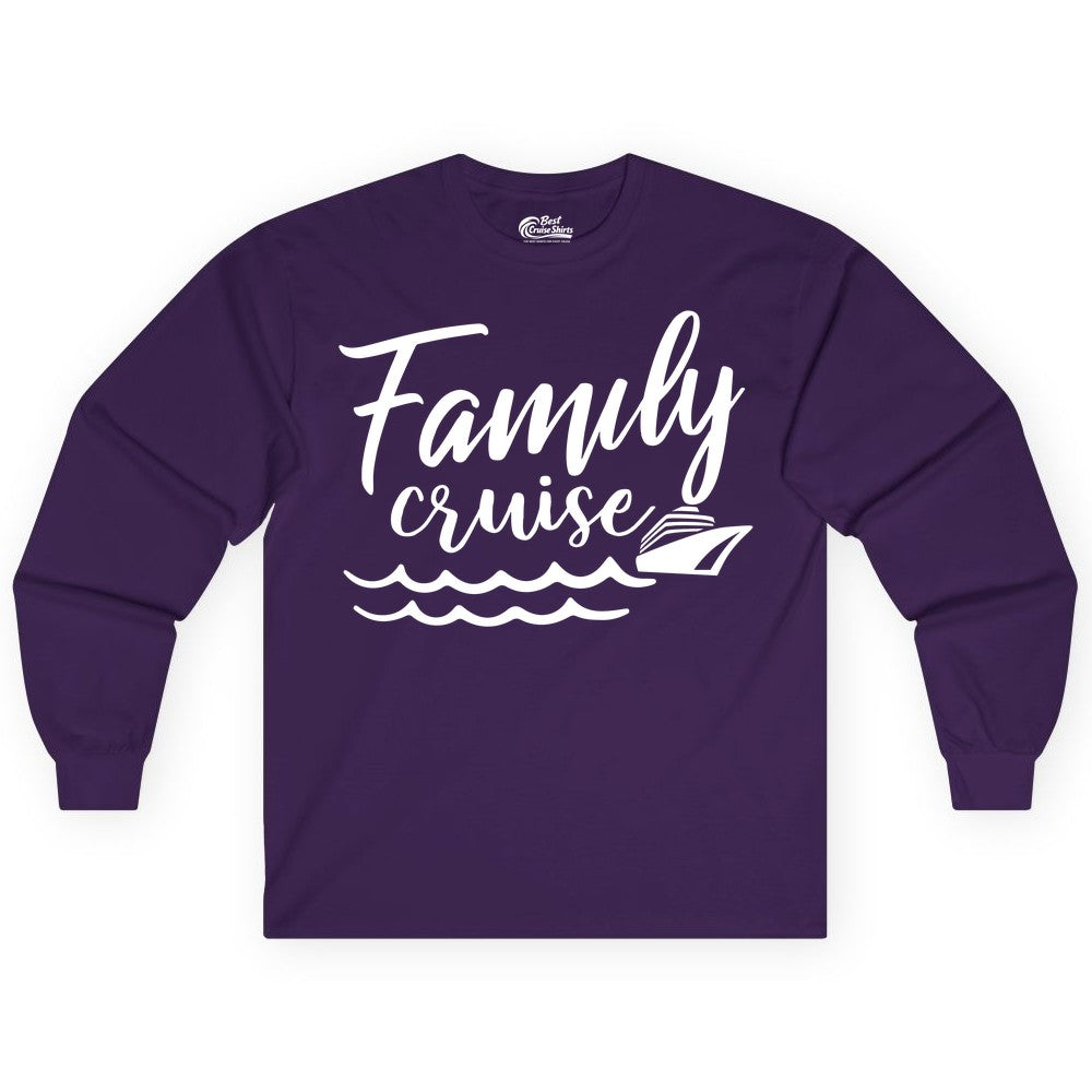 Family Cruise Shirt - Nautical Cruise Vacation Shirt for Families (Long Sleeve) in Purple - Family Cruise Shirt - Nautical Script Font With Waves And Ship Graphic