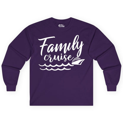 Family Cruise Shirt - Nautical Cruise Vacation Shirt for Families (Long Sleeve) in Purple - Family Cruise Shirt - Nautical Script Font With Waves And Ship Graphic