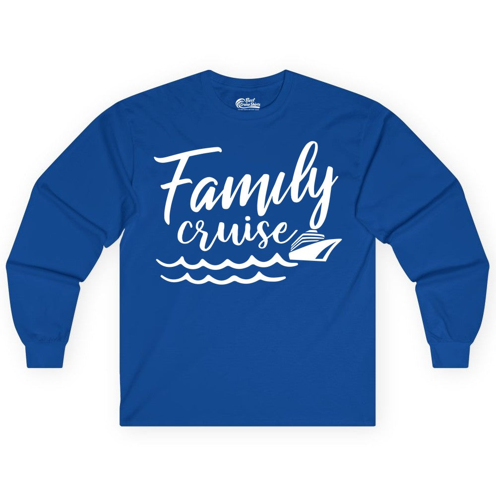 Family Cruise Shirt - Nautical Cruise Vacation Shirt for Families (Long Sleeve) in Royal - Family Cruise Shirt - Nautical Script Font With Waves And Ship Graphic