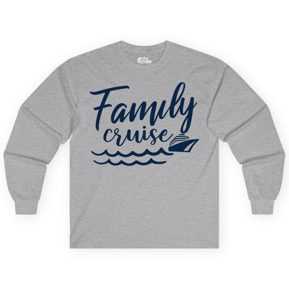 Family Cruise Shirt - Nautical Cruise Vacation Shirt for Families (Long Sleeve) in Sport Grey - Family Cruise Shirt - Nautical Script Font With Waves And Ship Graphic