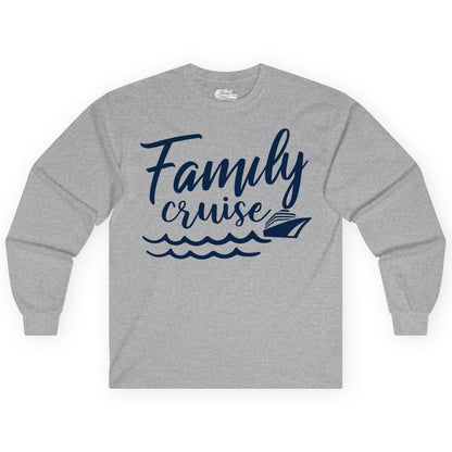 Family Cruise Shirt - Nautical Cruise Vacation Shirt for Families (Long Sleeve) in Sport Grey - Family Cruise Shirt - Nautical Script Font With Waves And Ship Graphic