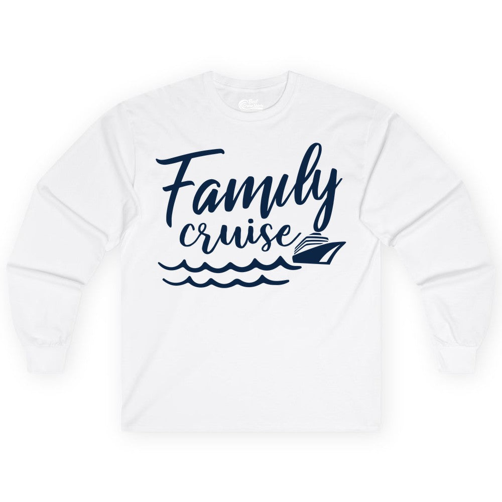 Family Cruise Shirt - Nautical Cruise Vacation Shirt for Families (Long Sleeve) in White - Family Cruise Shirt - Nautical Script Font With Waves And Ship Graphic