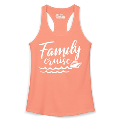 Family Cruise Shirt - Nautical Cruise Vacation Shirt for Families (Ladies Tank) in Solid Light Orange - Family Cruise Shirt - Nautical Script Font With Waves And Ship Graphic