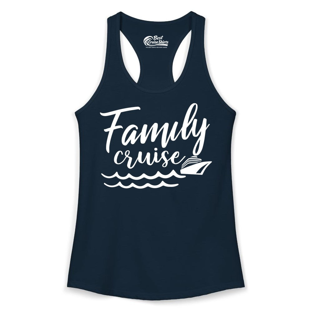 Family Cruise Shirt - Nautical Cruise Vacation Shirt for Families (Ladies Tank) in Solid Midnight Navy - Family Cruise Shirt - Nautical Script Font With Waves And Ship Graphic