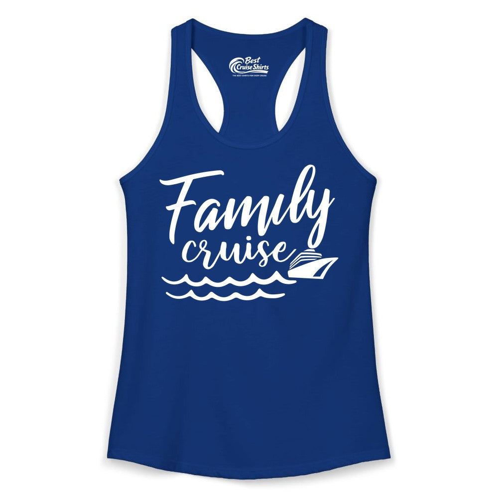 Family Cruise Shirt - Nautical Cruise Vacation Shirt for Families (Ladies Tank) in Solid Royal - Family Cruise Shirt - Nautical Script Font With Waves And Ship Graphic