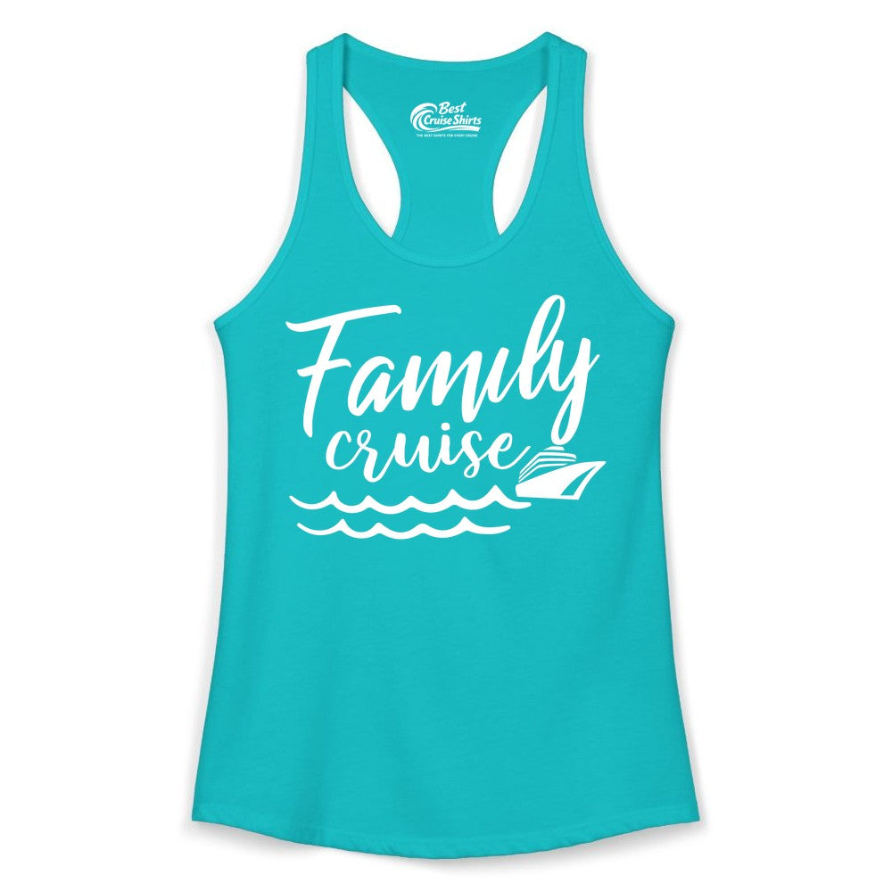 Family Cruise Shirt - Nautical Cruise Vacation Shirt for Families (Ladies Tank) in Tahiti Blue - Family Cruise Shirt - Nautical Script Font With Waves And Ship Graphic