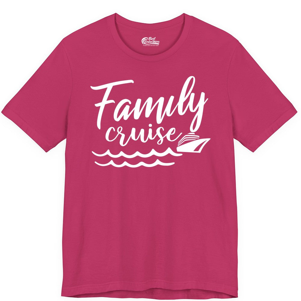 Family Cruise Shirt - Nautical Cruise Vacation Shirt for Families (Premium Tee) in Berry - Family Cruise Shirt - Nautical Script Font With Waves And Ship Graphic