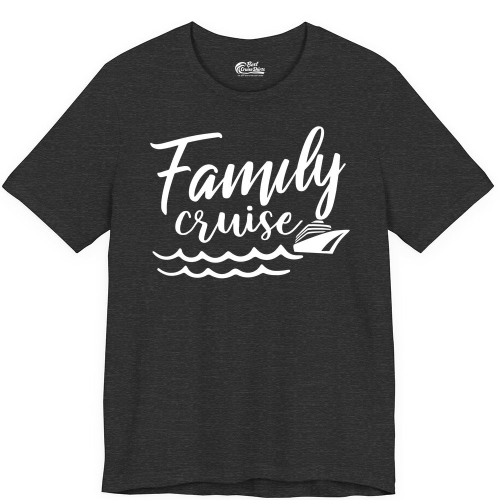 Family Cruise Shirt - Nautical Cruise Vacation Shirt for Families (Premium Tee) in Dark Grey Heather - Family Cruise Shirt - Nautical Script Font With Waves And Ship Graphic