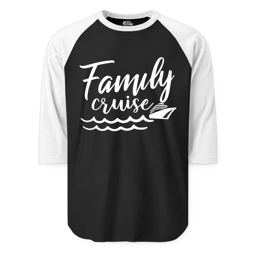 Family Cruise Shirt - Nautical Cruise Vacation Shirt for Families (Raglan) in BlackWhite - Family Cruise Shirt - Nautical Script Font With Waves And Ship Graphic