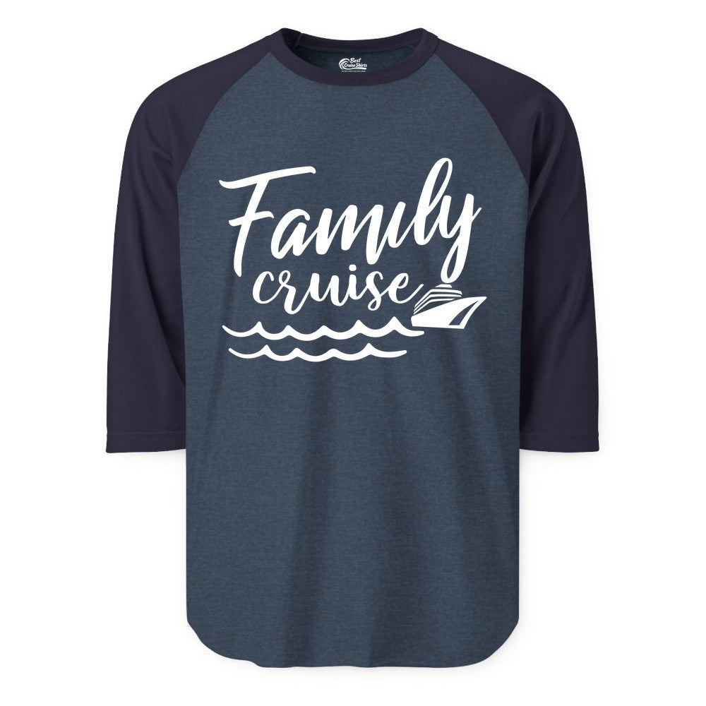 Family Cruise Shirt - Nautical Cruise Vacation Shirt for Families (Raglan) in Heather DenimNavy - Family Cruise Shirt - Nautical Script Font With Waves And Ship Graphic