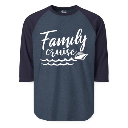 Family Cruise Shirt - Nautical Cruise Vacation Shirt for Families (Raglan) in Heather DenimNavy - Family Cruise Shirt - Nautical Script Font With Waves And Ship Graphic