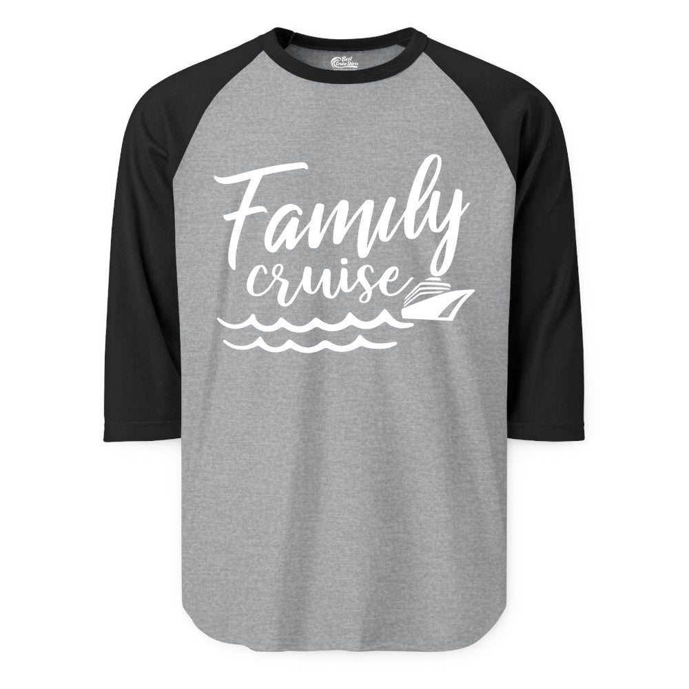 Family Cruise Shirt - Nautical Cruise Vacation Shirt for Families (Raglan) in Heather GreyBlack - Family Cruise Shirt - Nautical Script Font With Waves And Ship Graphic