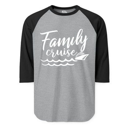 Family Cruise Shirt - Nautical Cruise Vacation Shirt for Families (Raglan) in Heather GreyBlack - Family Cruise Shirt - Nautical Script Font With Waves And Ship Graphic
