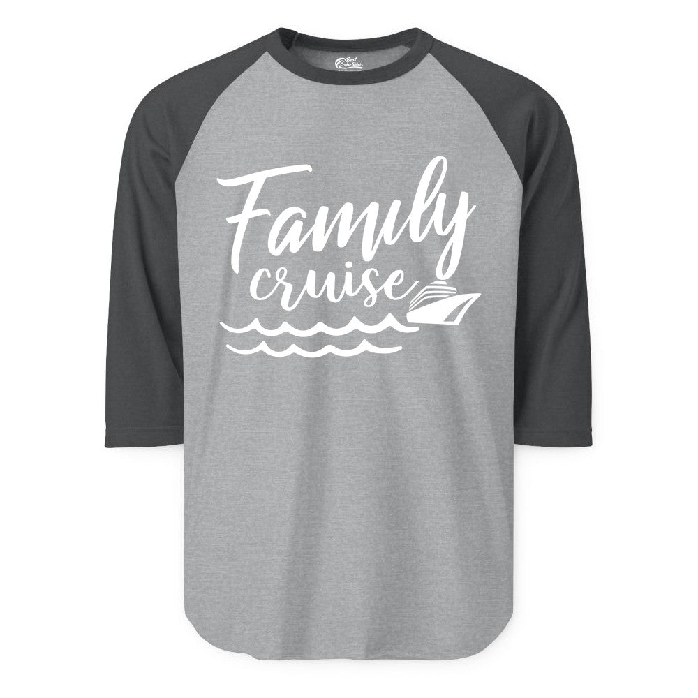 Family Cruise Shirt - Nautical Cruise Vacation Shirt for Families (Raglan) in Heather GreyHeather Charcoal - Family Cruise Shirt - Nautical Script Font With Waves And Ship Graphic