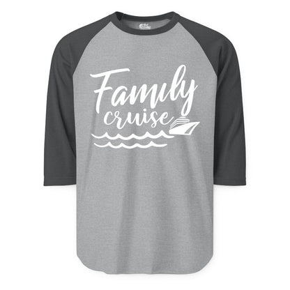Family Cruise Shirt - Nautical Cruise Vacation Shirt for Families (Raglan) in Heather GreyHeather Charcoal - Family Cruise Shirt - Nautical Script Font With Waves And Ship Graphic