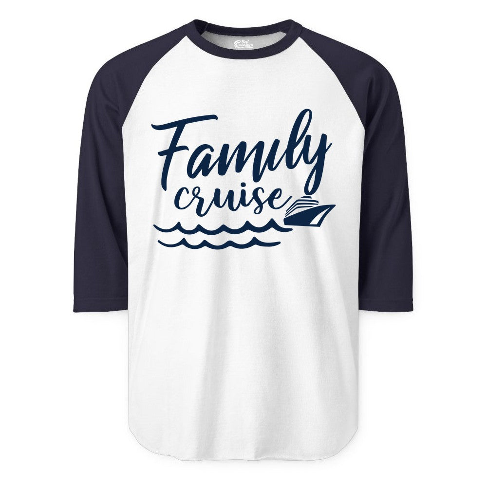 Family Cruise Shirt - Nautical Cruise Vacation Shirt for Families (Raglan) in WhiteNavy - Family Cruise Shirt - Nautical Script Font With Waves And Ship Graphic