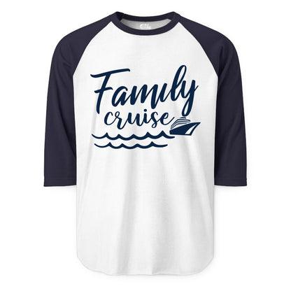 Family Cruise Shirt - Nautical Cruise Vacation Shirt for Families (Raglan) in WhiteNavy - Family Cruise Shirt - Nautical Script Font With Waves And Ship Graphic