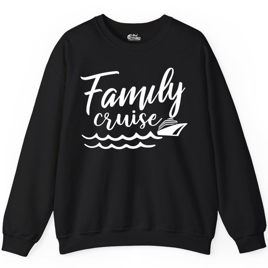 Family Cruise Shirt - Nautical Cruise Vacation Shirt for Families (Sweatshirt) in Black - Family Cruise Shirt - Nautical Script Font With Waves And Ship Graphic