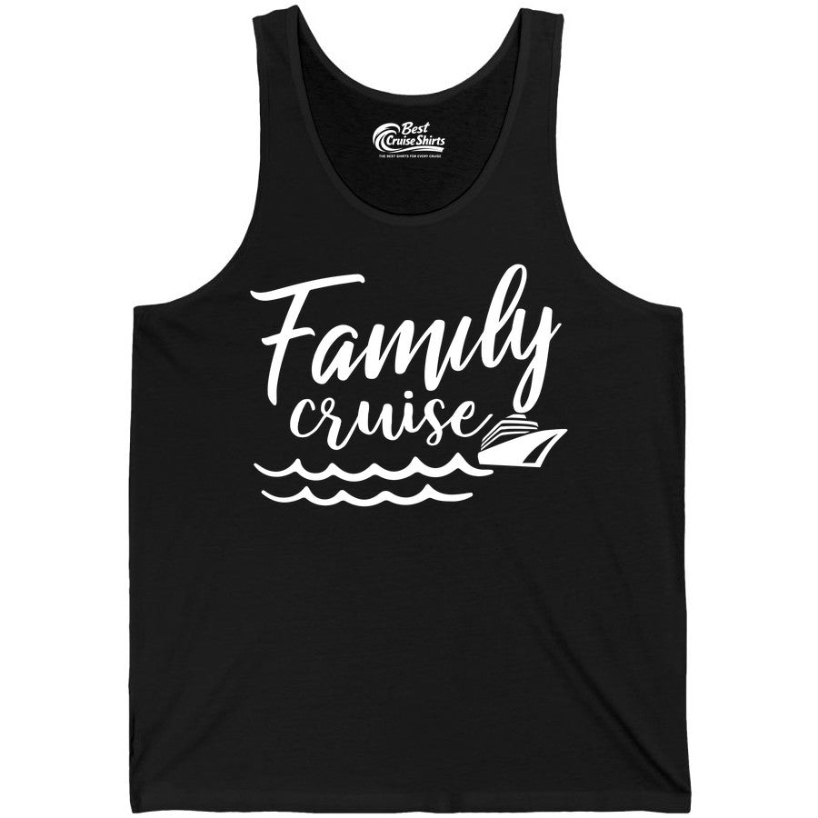 Family Cruise Shirt - Nautical Cruise Vacation Shirt for Families (Tank Top) in Black - Family Cruise Shirt - Nautical Script Font With Waves And Ship Graphic