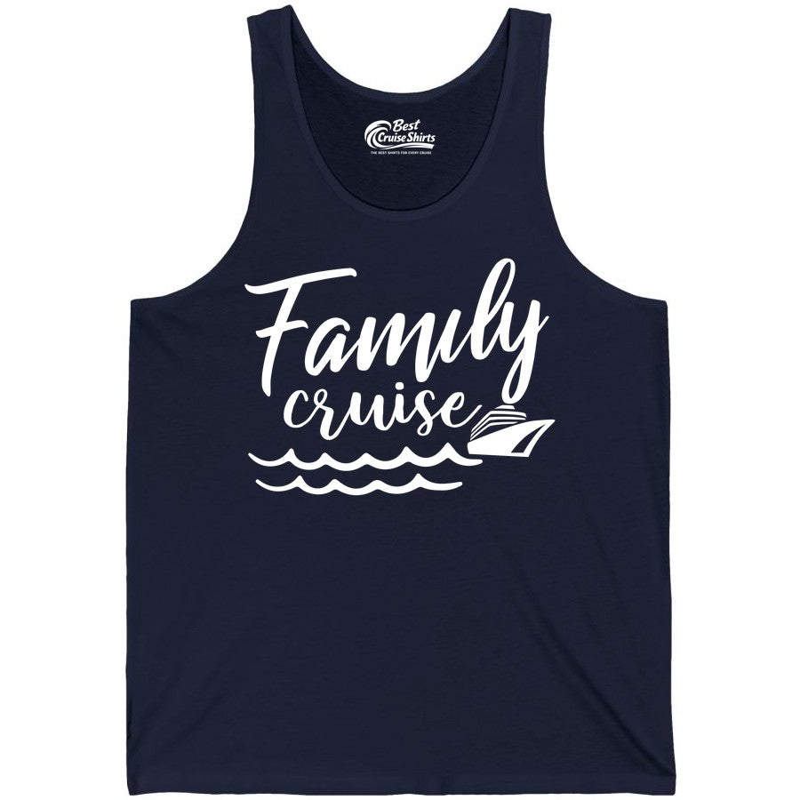 Family Cruise Shirt - Nautical Cruise Vacation Shirt for Families (Tank Top) in Navy - Family Cruise Shirt - Nautical Script Font With Waves And Ship Graphic