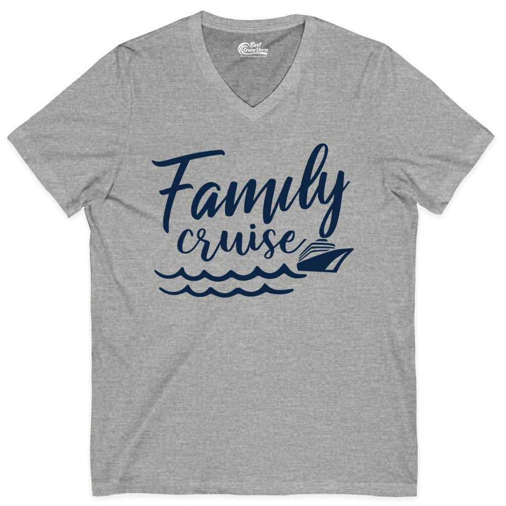 Family Cruise Shirt - Nautical Cruise Vacation Shirt for Families (V-Neck) in Athletic Heather - Family Cruise Shirt - Nautical Script Font With Waves And Ship Graphic