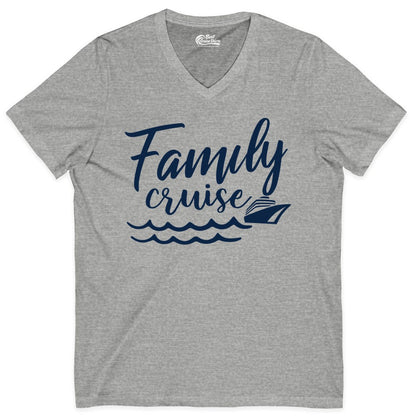 Family Cruise Shirt - Nautical Cruise Vacation Shirt for Families (V-Neck) in Athletic Heather - Family Cruise Shirt - Nautical Script Font With Waves And Ship Graphic