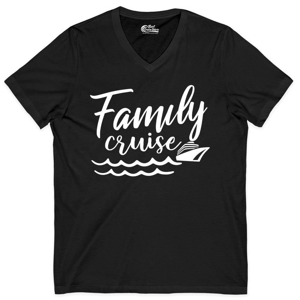 Family Cruise Shirt - Nautical Cruise Vacation Shirt for Families (V-Neck) in Black - Family Cruise Shirt - Nautical Script Font With Waves And Ship Graphic