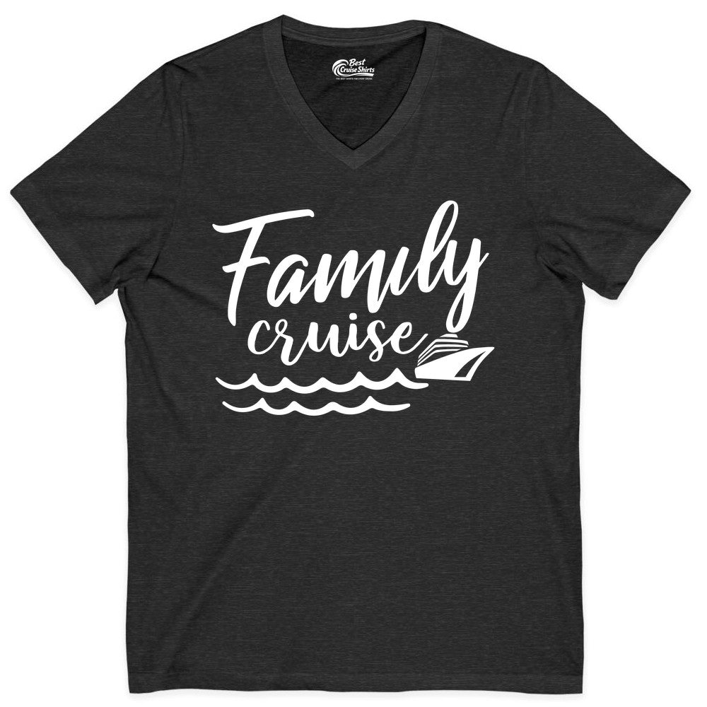 Family Cruise Shirt - Nautical Cruise Vacation Shirt for Families (V-Neck) in Dark Grey Heather - Family Cruise Shirt - Nautical Script Font With Waves And Ship Graphic