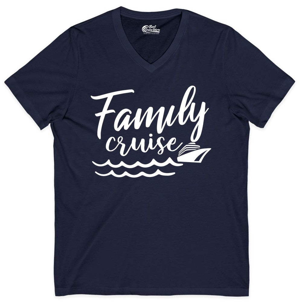 Family Cruise Shirt - Nautical Cruise Vacation Shirt for Families (V-Neck) in Navy - Family Cruise Shirt - Nautical Script Font With Waves And Ship Graphic