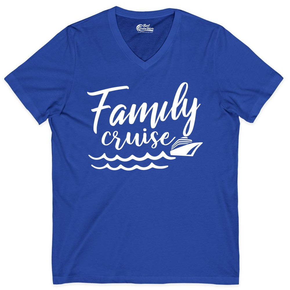 Family Cruise Shirt - Nautical Cruise Vacation Shirt for Families (V-Neck) in True Royal - Family Cruise Shirt - Nautical Script Font With Waves And Ship Graphic