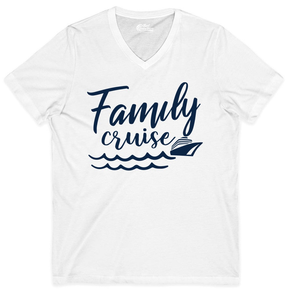 Family Cruise Shirt - Nautical Cruise Vacation Shirt for Families (V-Neck) in White - Family Cruise Shirt - Nautical Script Font With Waves And Ship Graphic
