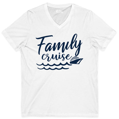 Family Cruise Shirt - Nautical Cruise Vacation Shirt for Families (V-Neck) in White - Family Cruise Shirt - Nautical Script Font With Waves And Ship Graphic