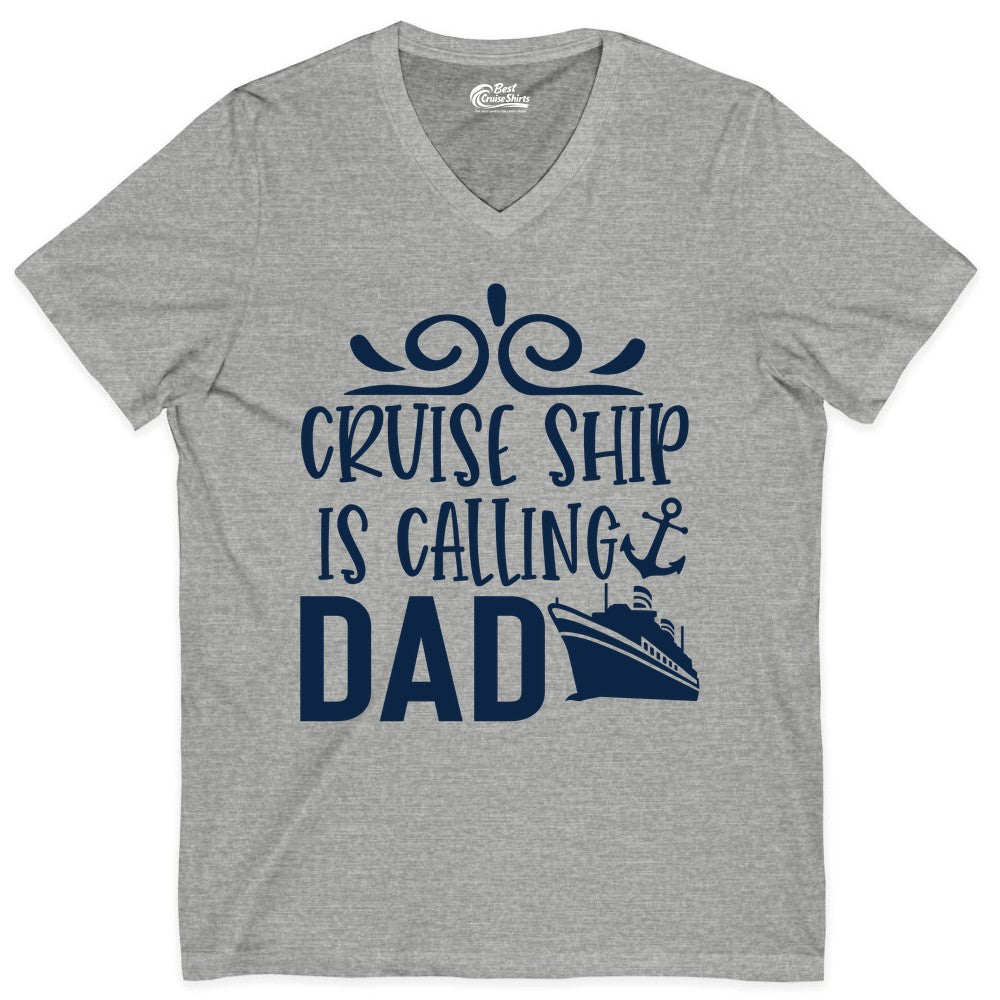 Cruise Ship Dad Shirt - Nautical Cruise Family Shirt for Dads (V-Neck) in Athletic Heather - Cruise Ship Is Calling Dad Nautical Family Vacation Shirt