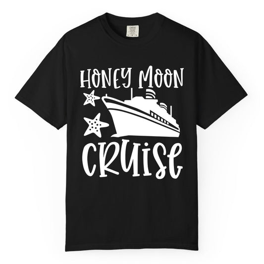 Honeymoon Cruise Shirt - Just Married Vacation Apparel for Couples (Comfort Color) in Black - Honeymoon Cruise Shirt - Nautical Ship and Starfish Newlywed Design