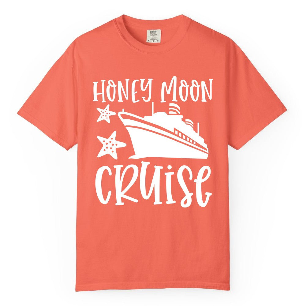 Honeymoon Cruise Shirt - Just Married Vacation Apparel for Couples (Comfort Color) in Bright Salmon - Honeymoon Cruise Shirt - Nautical Ship and Starfish Newlywed Design
