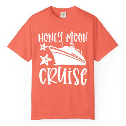 Honeymoon Cruise Shirt - Just Married Vacation Apparel for Couples (Comfort Color) in Bright Salmon - Honeymoon Cruise Shirt - Nautical Ship and Starfish Newlywed Design